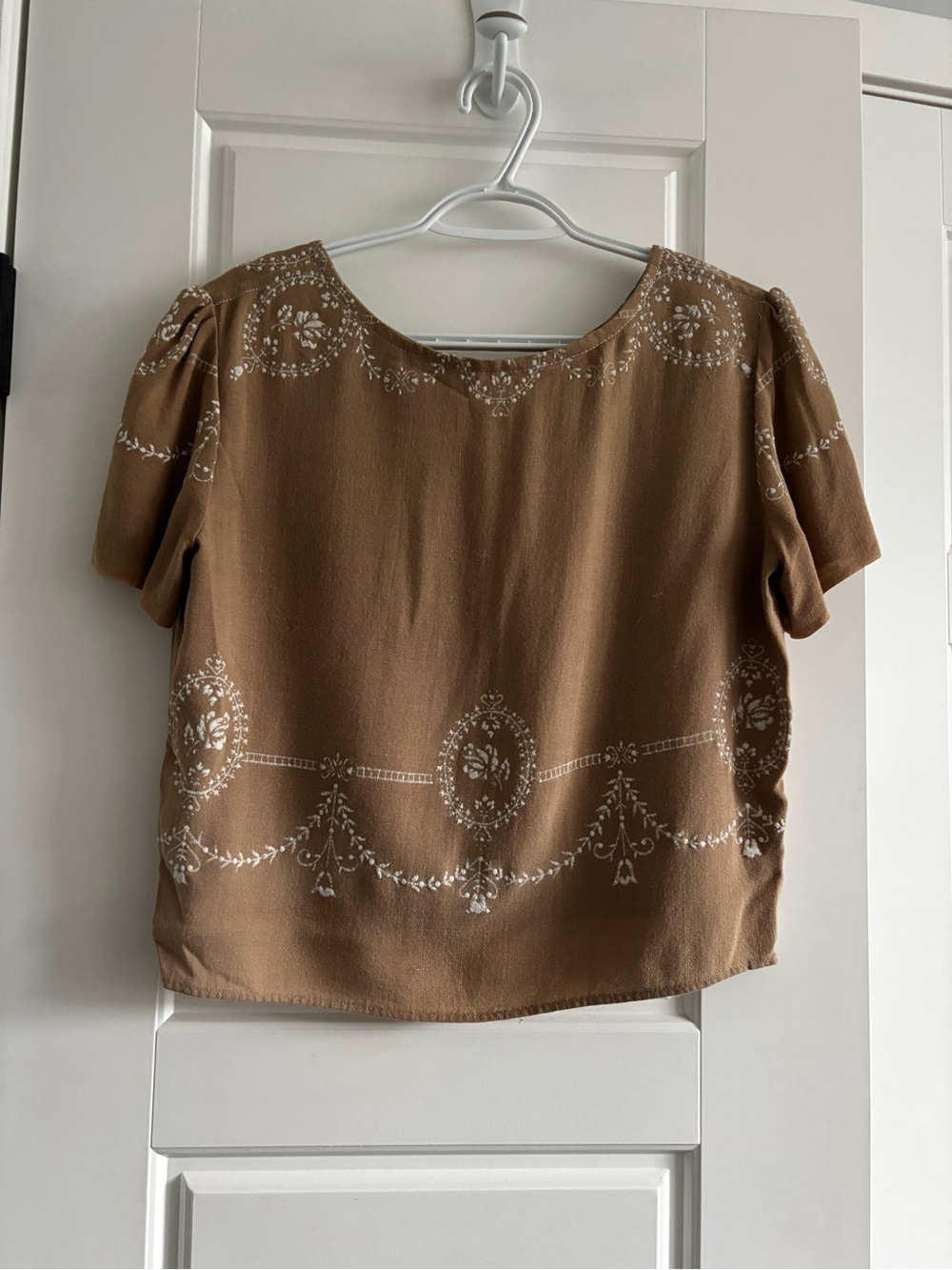 Handmade Upcycled Table Linen Top Puff sleeve feminine Neutral Sand Size S - Picture 2 of 5